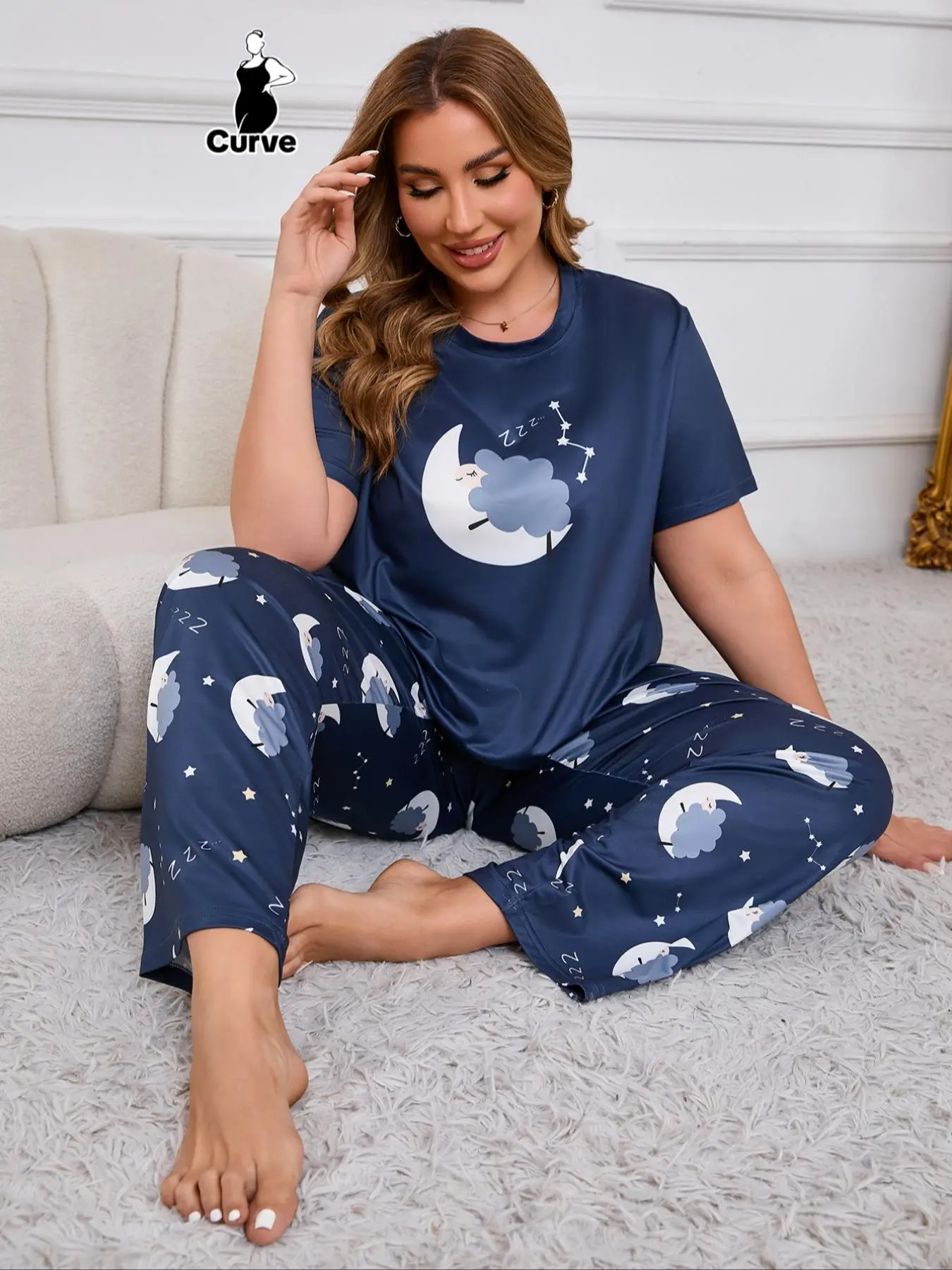 【Plus Size】 Sheep Print Tee & Pants Pyjama Two-piece Set, Casual Comfy Round Neck Short Sleeve T-shirt & Trousers PJ Set, Women's Sleepwear for All Seasons
