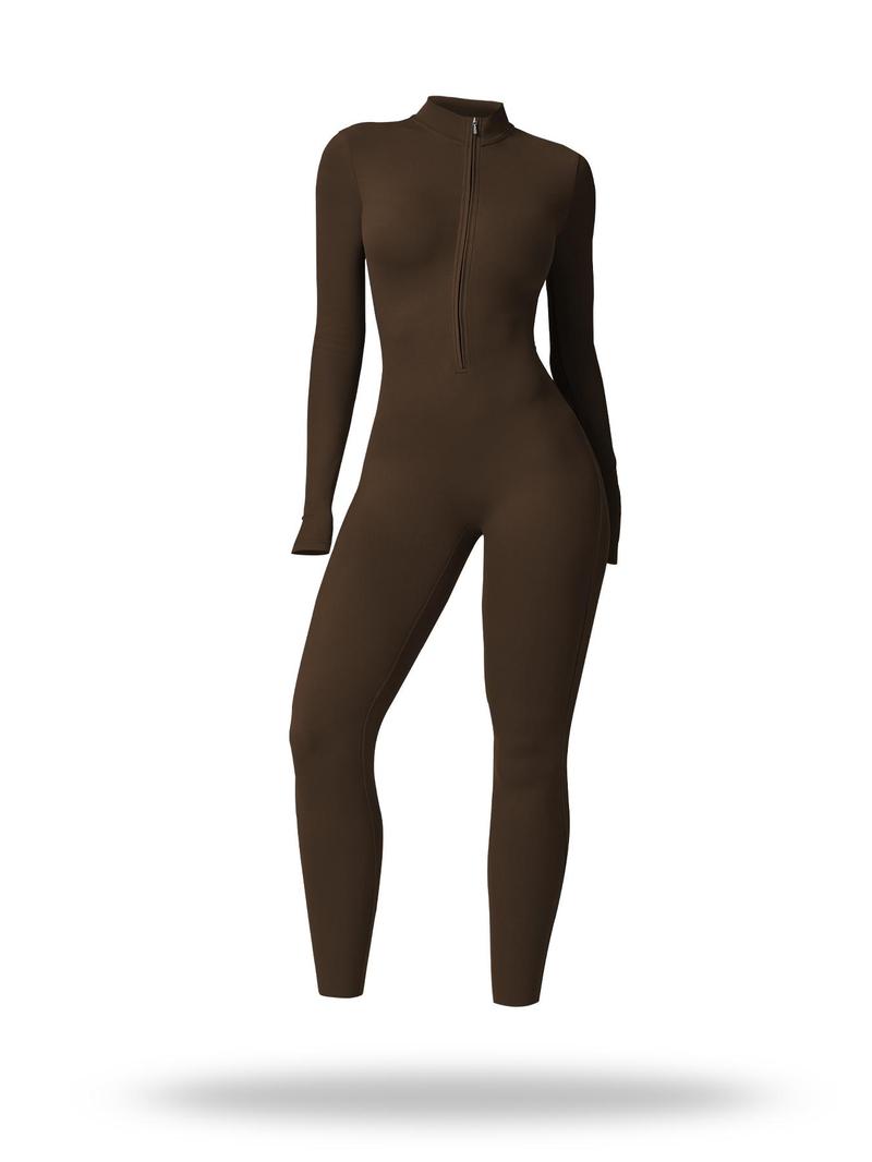 Product Introduction of Sporty Women's Solid Color Half Zip Mock Neck Sports Jumpsuit,  Tummy Control Jumpsuit,  Casual Comfy Breathable Long Sleeve Skinny Jumpsuit for Yoga Gym Workout, Ladies Sportswear for All Seasons 11