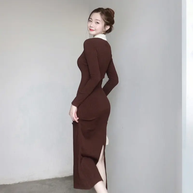 Đầm Nữ Cổ Trụ Phối Màu Tay Dài Chất Len Tăm Co Giãn KA11  Women 8