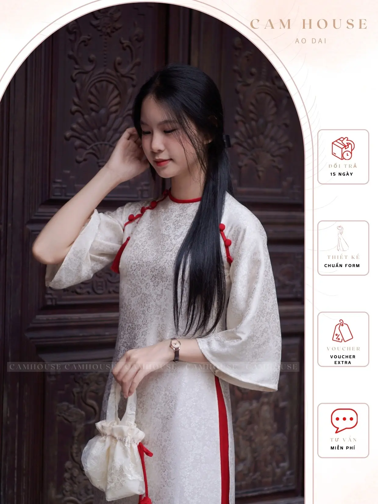 Áo Dài Tết Như Ý [Cam House] Áo Dài Cách Tân Như Ý Chất Liệu Gấm, Phối Đỏ Chụp Ảnh Đẹp Đi Lễ Đi Chùa