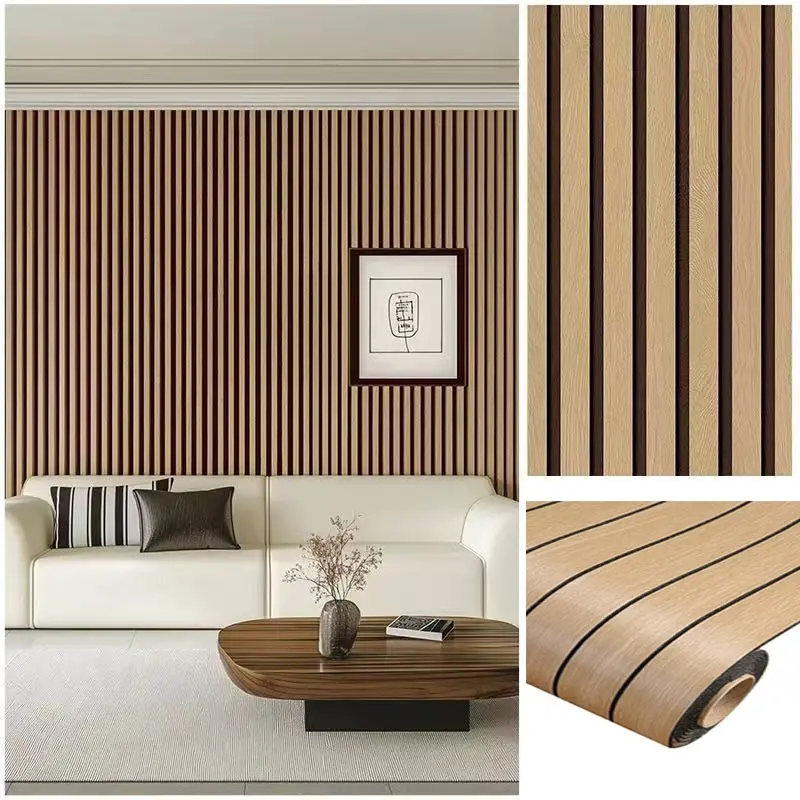 (Self-adhesive) 3mm thick 3D Wood Grid Waterproof Wall Panel , 4-Layers Moisture-proof Stripe Cabinet Furniture Wallpaper Sticker