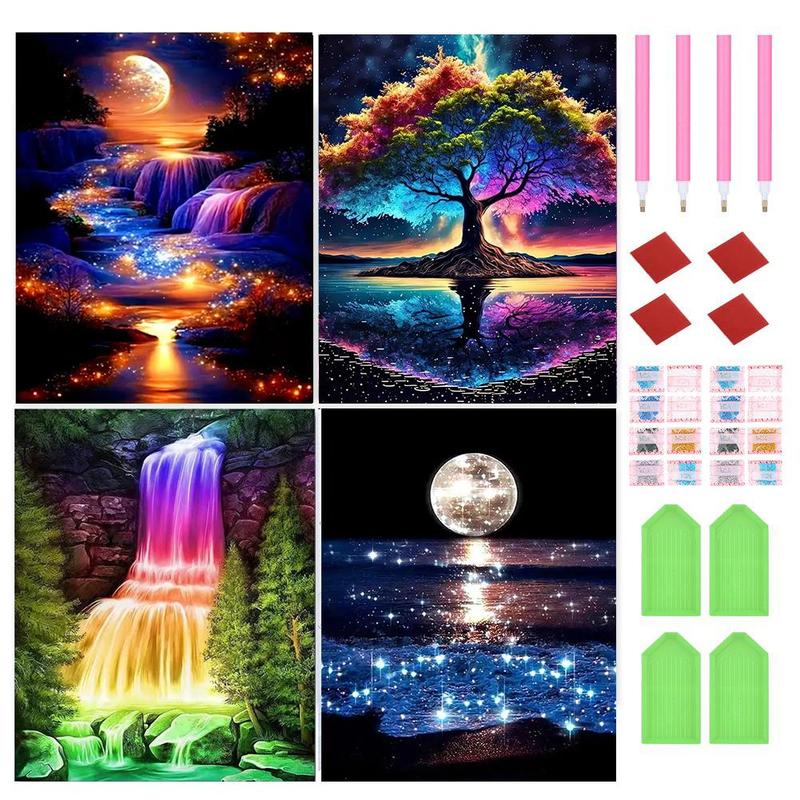 Landscape Pattern DIY Diamond Arts Colorful Painting Kit without Frame, 4 Counts/set DIY Decorative Art Picture for Beginner, Wall Art Decor for Home Living Room Bedroom, Handicraft 2