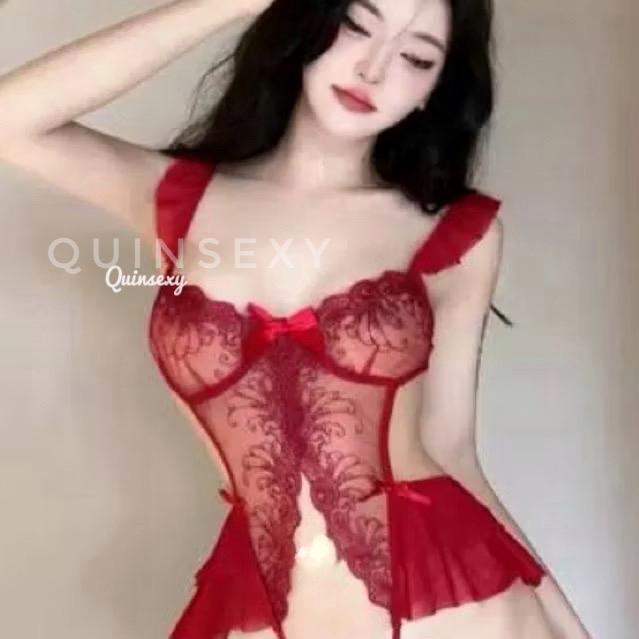 BS100 Bodysuit Ren Cánh Tiên Hai Dây Xẻ Đá y Quyến Rũ Dành cho Nữ - Đen/Trắng/Đỏ Viền Ren 2