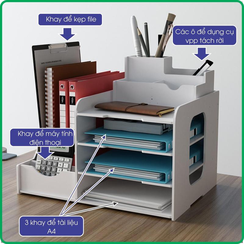 Giá, Kệ để tài liệu hồ sơ giấy tờ để bàn làm việc mẫu 5, đựng kẹp file, tài liệu giấy tờ A4, có ô để hộc bút, dụng cụ văn phòng phẩm. màu trắng sản xuất tại Việt Nam. phụ kiện & giá để đồ bàn học kede banhoc