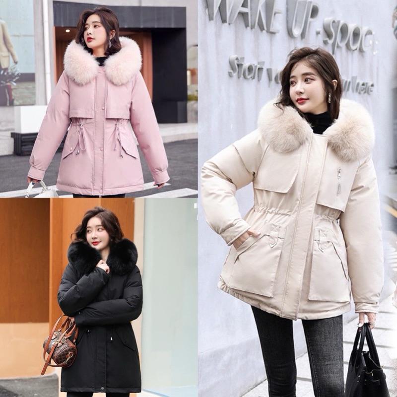 Áo khoác phao packa mũ lông lót lông mượt mà form rộng hồng đen trắng, Áo khoác kaki nữ mùa đông hàng QC ấm áp ulzzang, HONDA SHOP