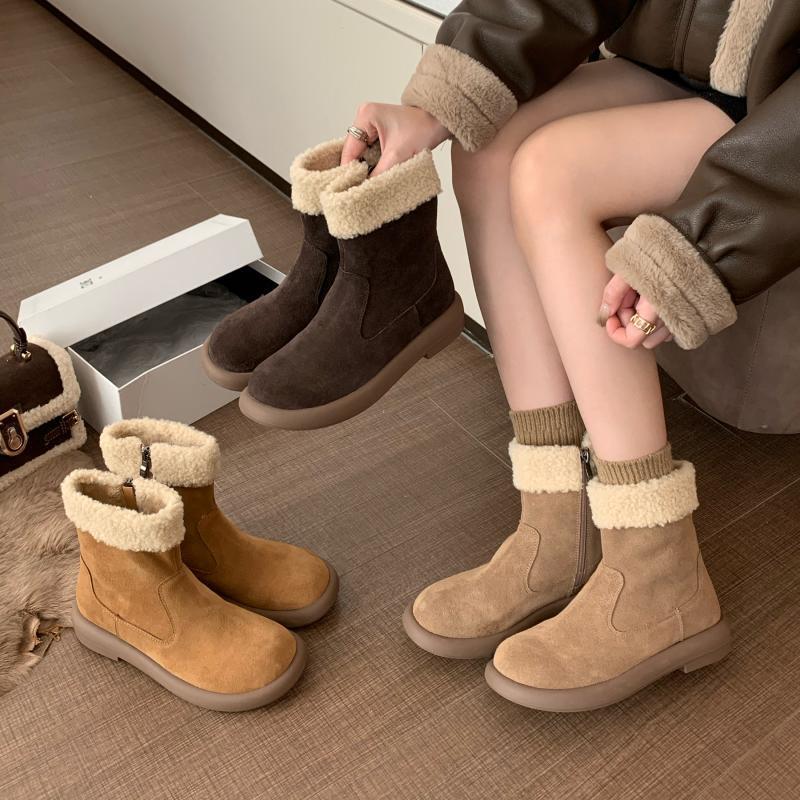 Bốt Đi Tuyết Nhám Phong Cách Cổ Điển Dành Cho Nữ Bộ Sưu Tập Thu Đông 2024 Giày Bông Ấm Áp Đế Dày Bốt Giữa Bắp Chân Có Lông Thú 7XXR Shoes Boot