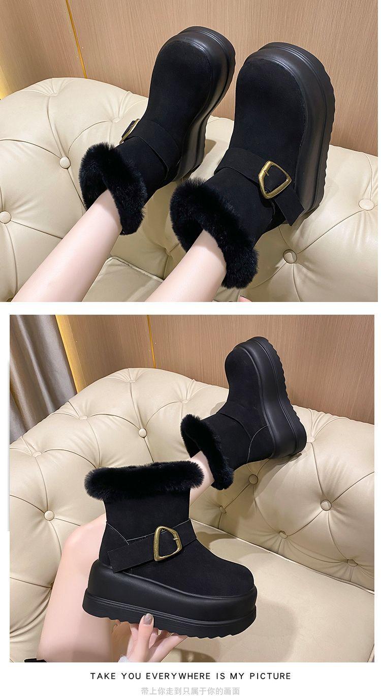 Product Introduction of Platform Height Increasing Snow Boots for Women Versatile Fashion 2023 Winter New Style Chunky Short Boots Cotton Shoes Mid-Calf Boots Trendy Pedal 23