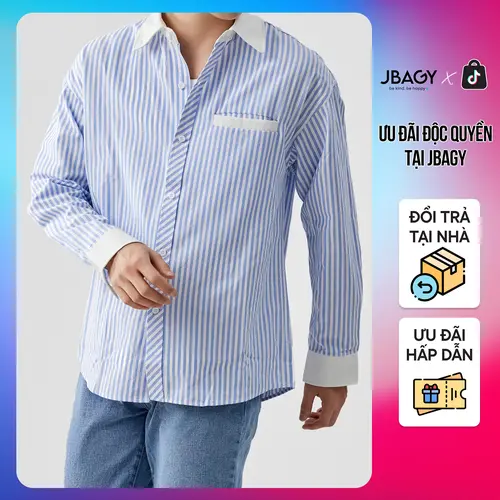 Áo sơ mi kẻ sọc dài tay nam nữ dáng rộng phối màu vải cotton thô thoáng mát Shinee thương hiệu JBAGY - JS0702 Menswear