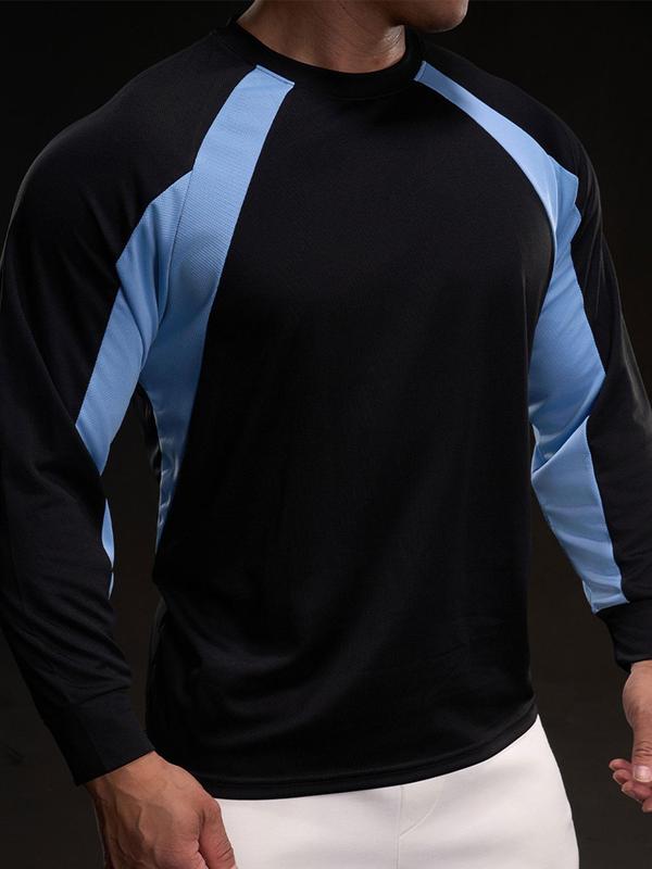 Men's Colorblock Long Sleeve Ice Silk Tee, Regular Fit Casual Round Neck Quick Drying T-shirt for Daily Wear, Men's Top for All Seasons 0