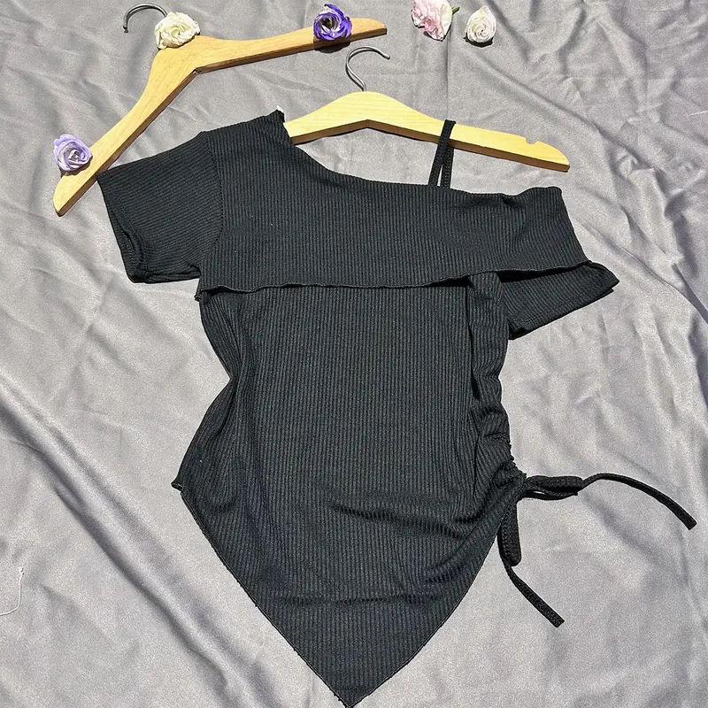 Áo thun TN nữ trễ vai lệch tà rút dây eo vạt nhọn Top Màu Trắng Cổ Tròn Nhung - Women áo  trễ xám 1 bên y2k Voi 4