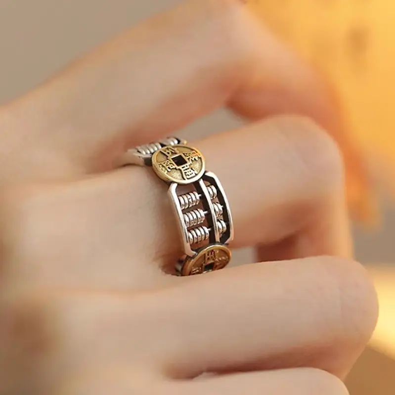 Retro Copper Coin Abacus Beads Ring Female Male National Fashion Ethnic Style Wealth Rolling Personalized Opening Adjustable Ring Female