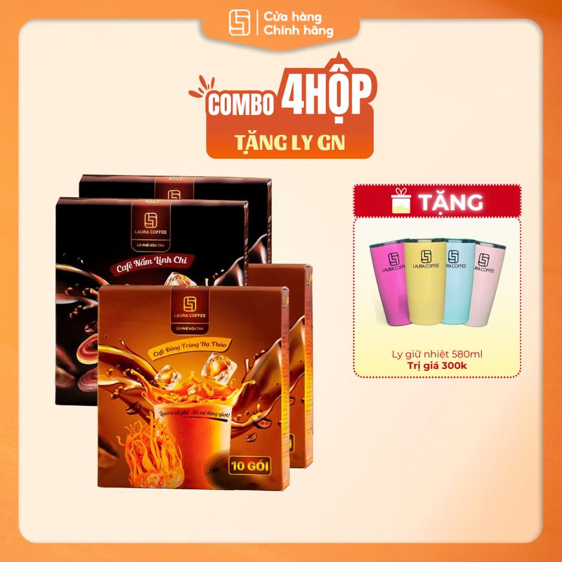 [QUÀ TẶNG ] Combo 4 Hộp Cà Phê Đông Trùng Hạ Thảo + Nấm Linh Chi Laura Coffee - Nhât Kim Anh 1