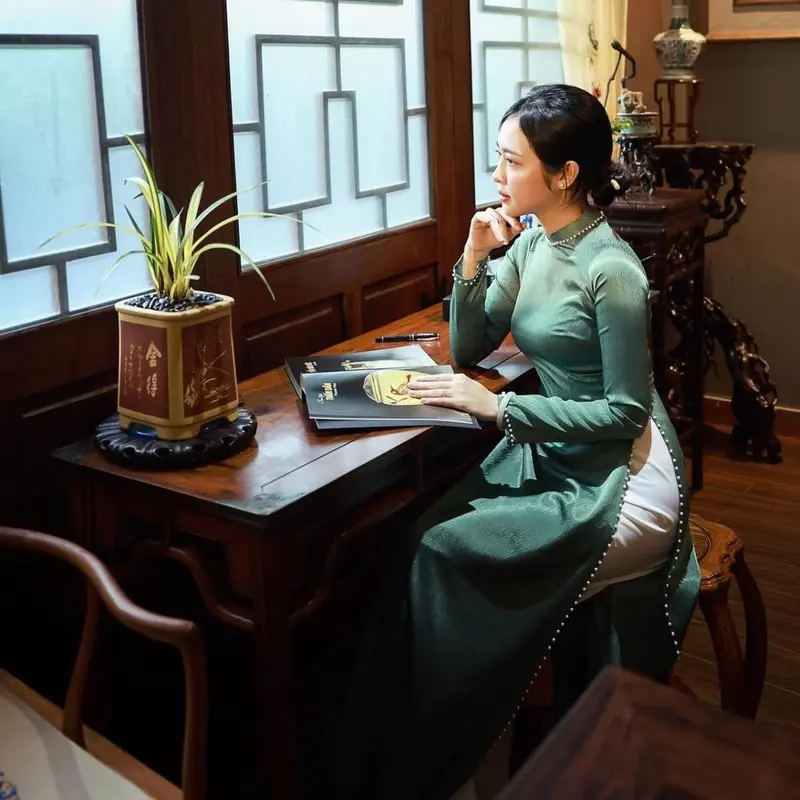 Áo dài lụa vân gỗ 4 màu kiểu dáng truyền thống Nữ Dress 5