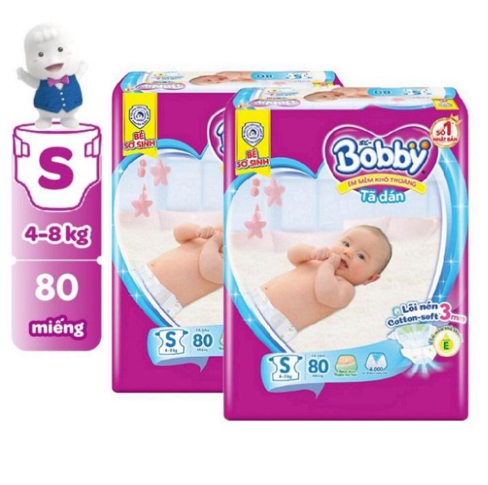 Combo 2 gói Tã dán Bobby S80/ S80+6m/ size M76 lõi nén thần kỳ bỉm dán Cho Bé