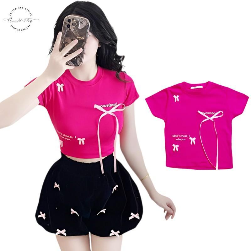 Product Introduction of Áo Croptop Borip Basic Ôm Body In Chữ "I Don't Chase" Đính Nơ Dài, MLS11, Women Thun Sen Sò Hoa Sen Trắng Kem Tre Cổ Tròn Dáng Ngắn 19