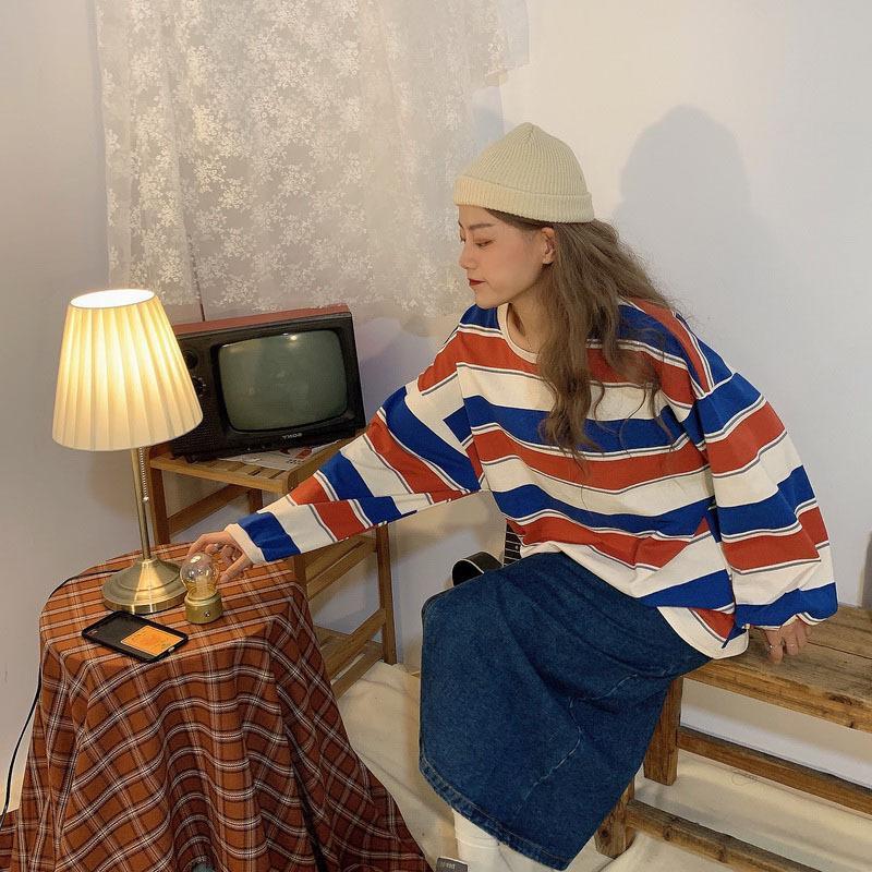 Áo Thun Nữ Hợp Xu hướng Áo Dài Tay Sọc, Phong Cách Thường Ngày Dáng Rộng Vừa Vặn, Áo Hoodie Dài Tay, Thích Hợp Cho Học Sinh, Áo Sơ Mi Cơ Sở, Áo Thun Dài Tay, 2025 2