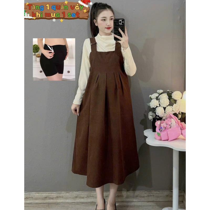Yếm Bầu Thu Đông Chất Nhung Tăm Dành Cho Mẹ Bầu Mặc Đi Làm, Đi Chơi ( Tặng quần mặc váy khi mua cả set) Váy Bầu Đầm Bầu