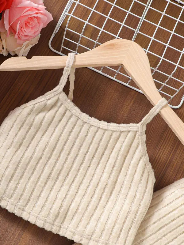 Two-piece Set Girl's Solid Crop Cami Top & Flare Leg Pants Set, Casual Fashion Cozy Knit Vest Set for Daily Outdoor Wear, Girls Clothing for Summer 2