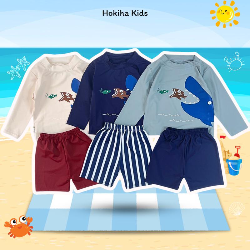 [Hokiha Kids] Te610- Bộ quần áo đồ bơi cho bé trai hình cá mập ngộ nghĩnh mềm mại, thấm hút mồ hôi size 8-17kg