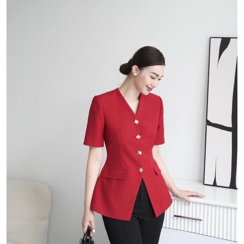 Áo sơ mi công sở peplum HINSTORE cổ V, có đệm vai, cúc vàng 312 - Áo kiểu ký giả