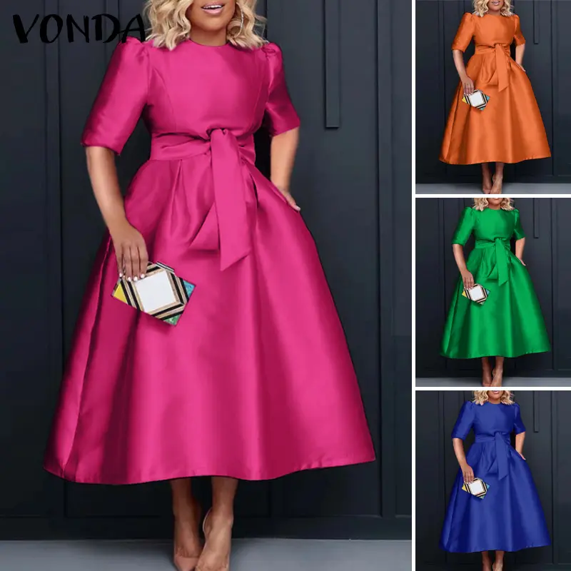 VONDA Women's Evening Party Short Sleeve Belted Midi Dress Elegant Satin  Loose Solid Color A-Line Sundress (Plus Size) - TikTok Shop Philippines
