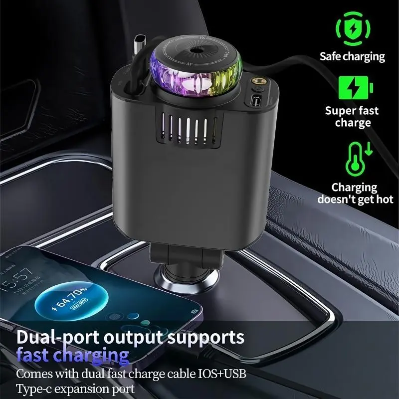 Car Aromatherapy Charger, Multifunctional Car Charger with Atmosphere Light & Aromatherapy Machine, Car Charger with Retractable Line 6