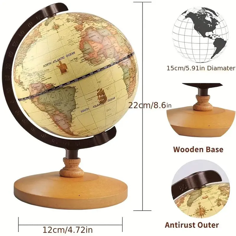 Vintage Wooden Globe, 1 Count Earth Map Globe, Retro Desktop Ornament, Office Desk Decor, Home Decoration, School Supplies, Stocking Fillers Gift 1