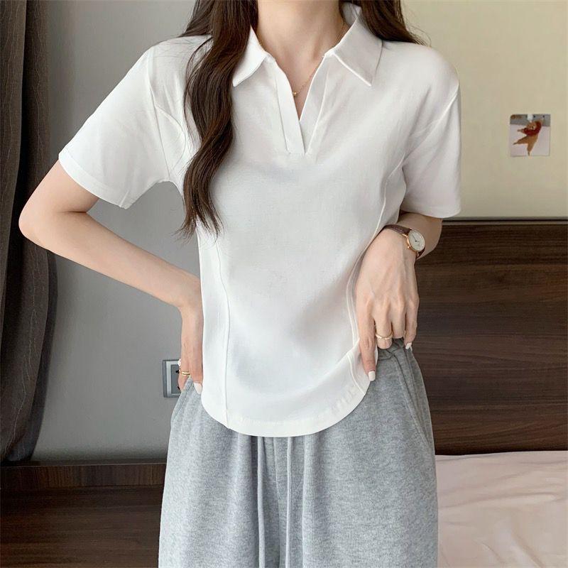 Product Introduction of Summer New Korean Style Polo Collar Solid Color Short-Sleeved Top for Women Slim Casual All-Match T-shirt Women 8