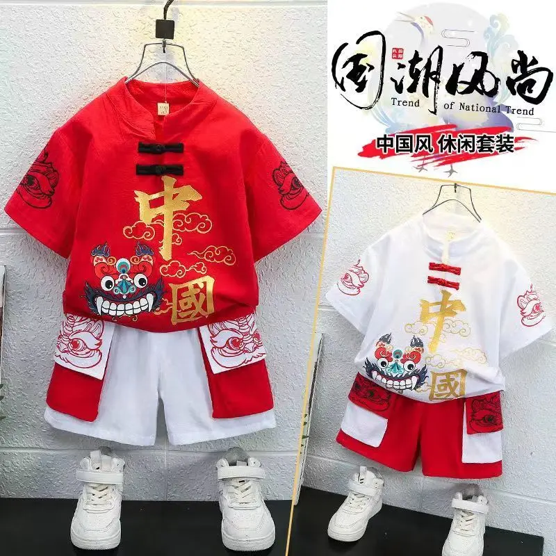 Sut musim panas Gaya Cina untuk kanak-kanak lelaki, pakaian lengan pendek untuk kanak-kanak kecil, fesyen Hanfu Cina, pakaian kanak-kanak yang sejuk dan kacak, koleksi baharu 2023