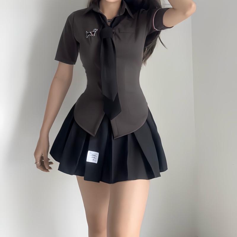 Set đầm nữ áo kèm caravat váy xếp ly in nữ sinh cá tính Lolystore Dress Women