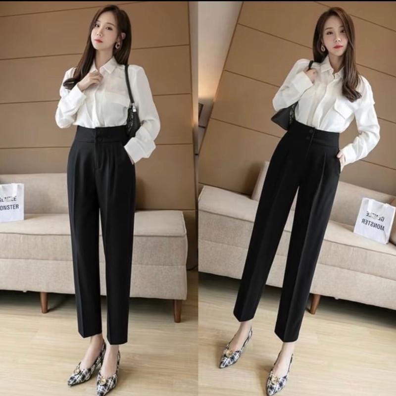  Quần baggy nữ phối 2 cúc khoá trước diện đi làm công sở đi học. Quần tây nữ lưng cao chất liệu tuyết mưa mềm mịn 