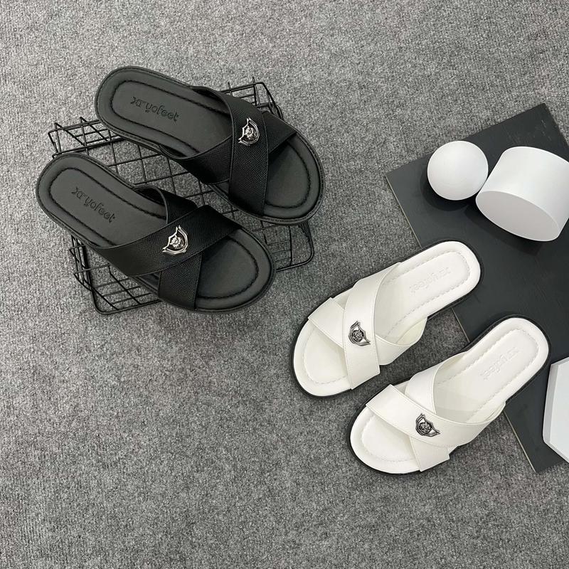 Dép da nam quai chéo gắn mác giữa thương hiệu XT YOFEET  hot trend (YO 61)Nam Slipper DéP Quai Ngang Đế Bằng