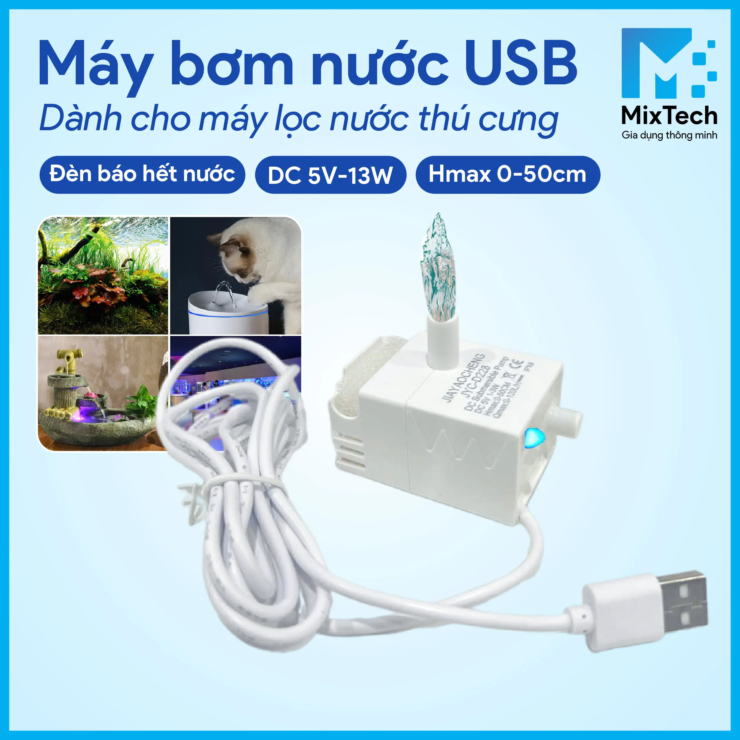 Máy bơm nước USB có đèn, có lọc, tự động ngắt 5V 1-3W - Dành cho máy lọc nước thú cưng