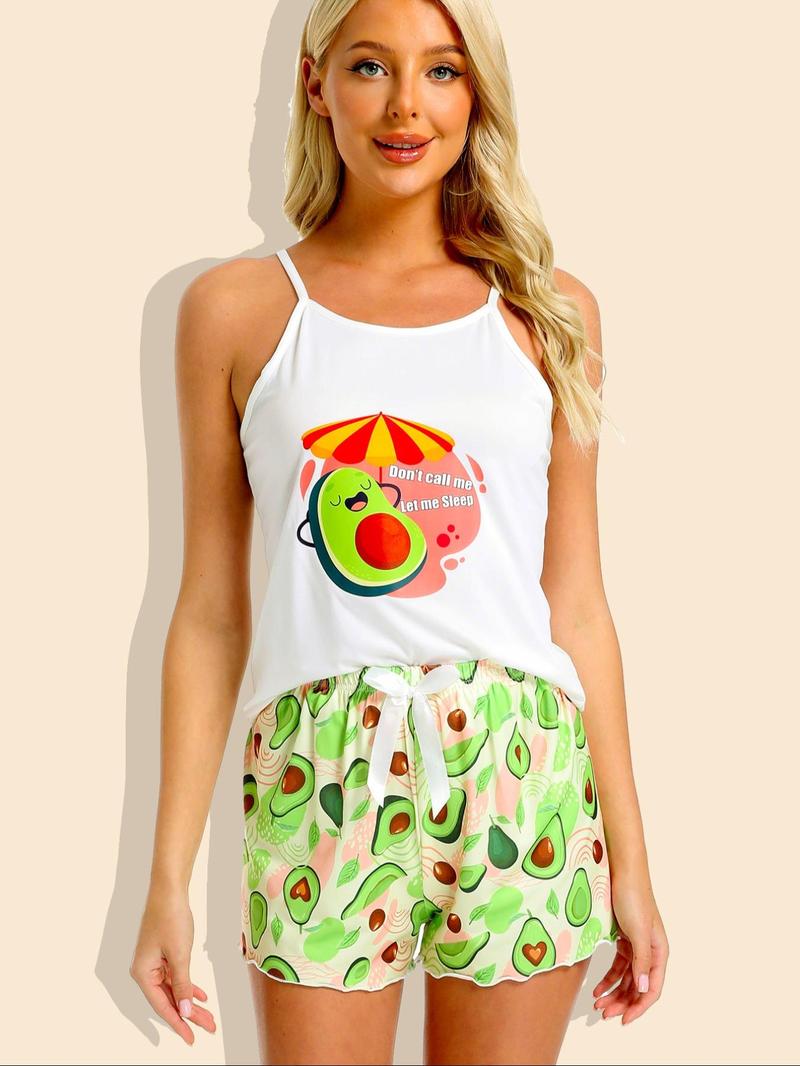 Product Introduction of Women's Avocado Print Cami Top & Shorts Pajama Two-piece Set, Casual Comfortable Loungewear Set for Women, Ladies Sleepwear for All Seasons 4
