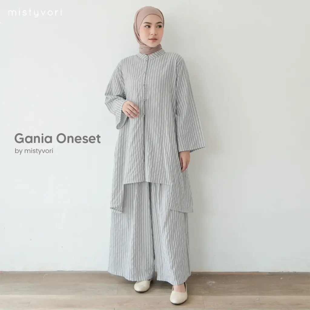 MISTYVORI | Gania Oneset Baju Wanita Jumbo Atasan Bawahan Salur Celana Nyaman Kancing Muslim Tunik Dewasa Lembut Panjang