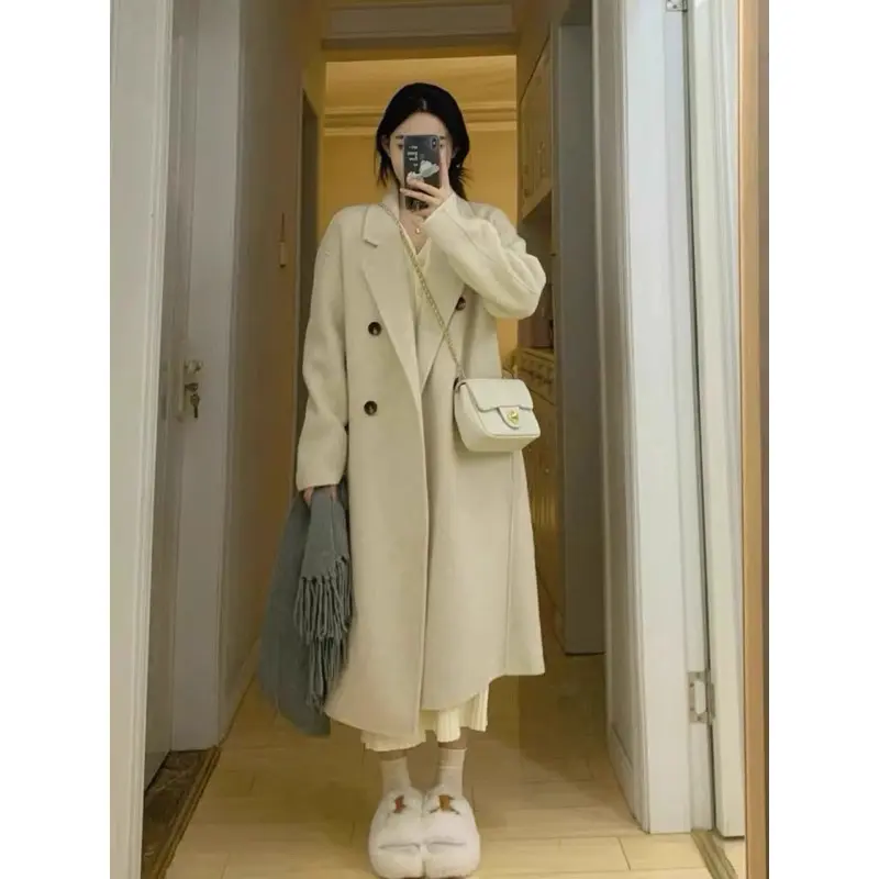 KAGEDSHOP Áo khoác dạ dáng dài 2 lớp form rộng 4 cúc túi sườn be đen, Áo khoác blazer nữ cổ vest chất dạ lì phong cách ulzzang 7