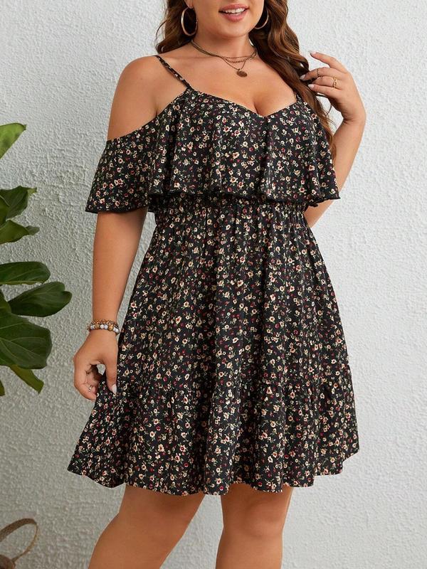 Plus Size Ditsy Floral Print Cold Shoulder Ruffle Trim A Line Dress, Boho Adjustable Strap Short Sleeve Dress for Beach Holiday Vacation, Women's Summer Clothes, Womenswear 3