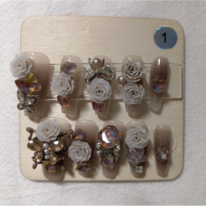 Handmade Wear Nail Brown Butterfly Flower Series press-on nails 4