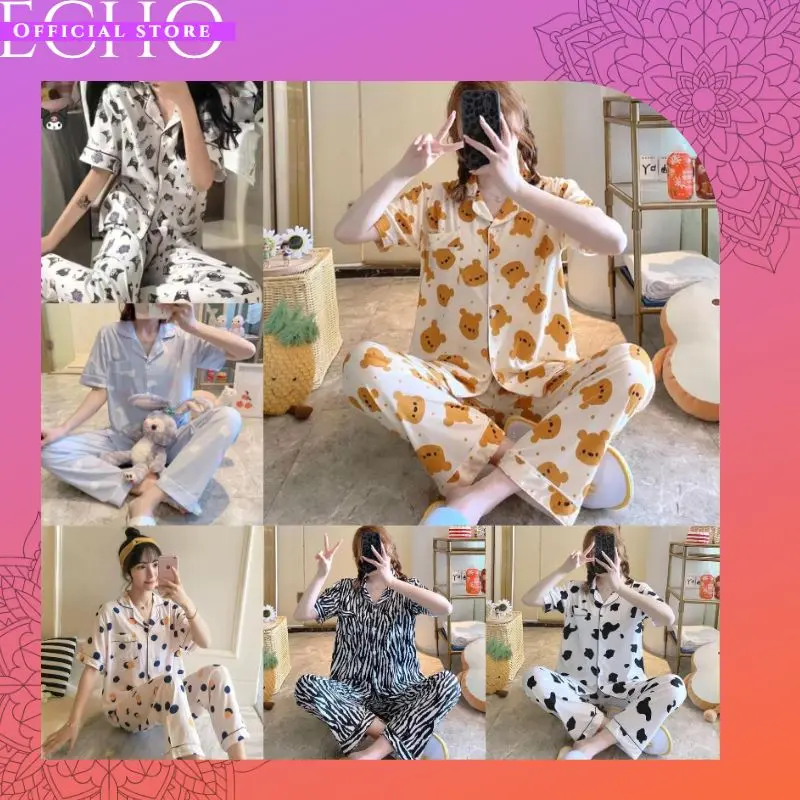 ECHO B23 - BAJU TIDUR PIYAMA SET KEMEJA CP LENGAN PENDEK CELANA PANJANG IMPORT PIYAMA KEMEJA BAJU TIDUR WANITA 0