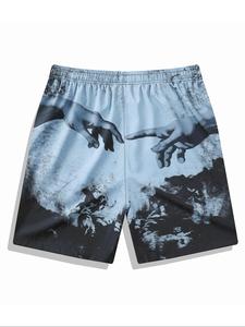 Men's Regular Fit Hand Print Shorts, Casual Comfy Breathable Sports Shorts for Summer, Men's Bottoms for Beach Vacation