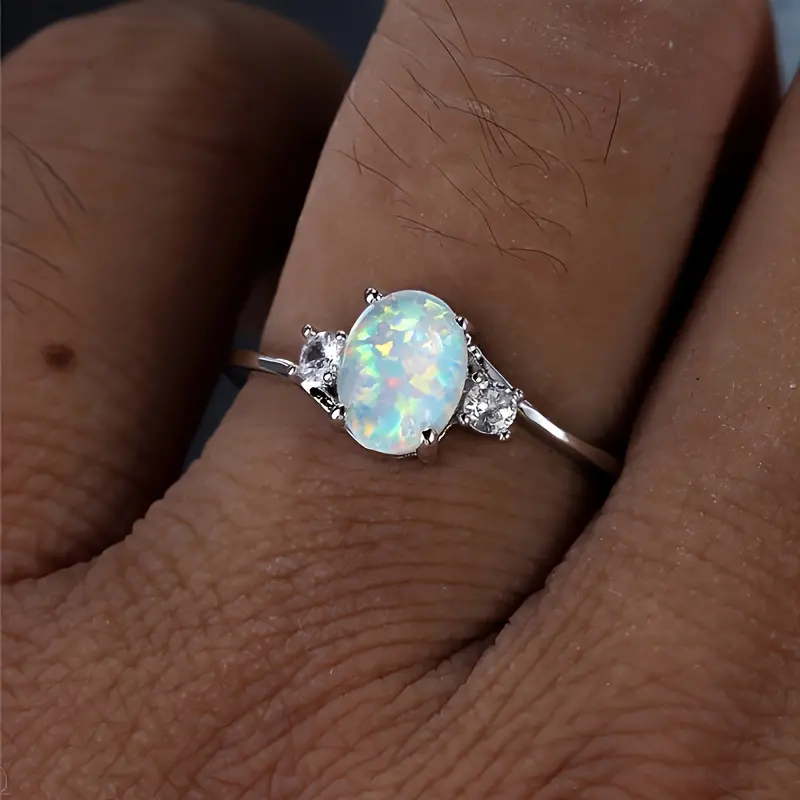 White Opal Stone Engagement Ring Classic Silvery Color Luxury Artificial Crystal Oval Wedding Rings For Women 7