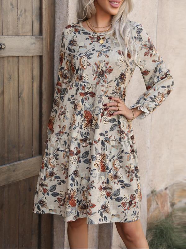 Women's All Over Floral Print Plicated Flounce Sleeve Dress, Casual Long Sleeve Round Neck Short Dress for Daily Wear, Ladies Clothes for All Seasons, Womenswear 6
