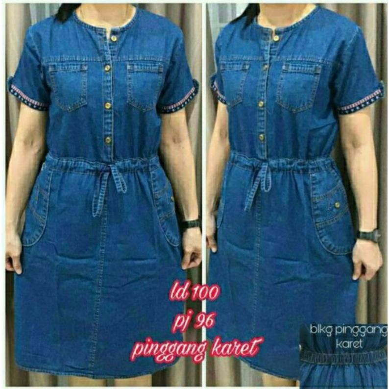 Dress Jeans Wanita Lengan Pendek Serut Busui Super Premium  Model Terbaru Kekinian Polos Karet Casual