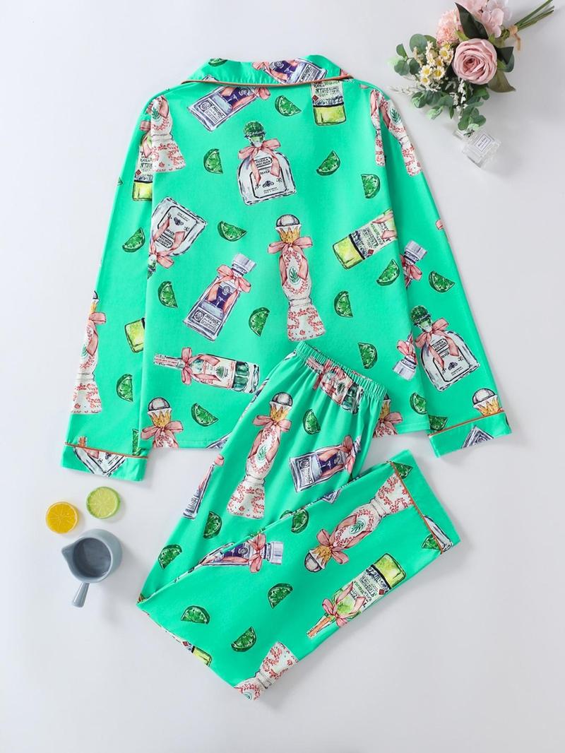 Product Introduction of Women's All Over Print Lapel Neck Button Front Pajama Two-piece Matching Set, Casual Long Sleeve Pocket Top & Elastic Waist Pants Pj Set, Casual Comfortable Sleepwear Set for Women, Nightwear, Pajama Sets 6
