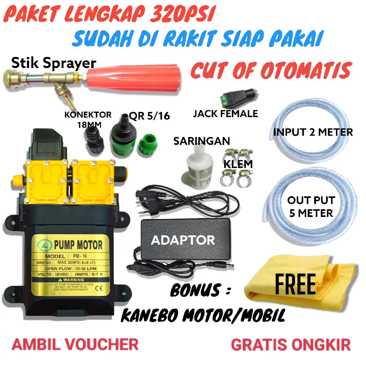 PAKET LENGKAP ALAT CUCI STEAM MOTOR 12V 320 PSI 10 LPM DUAL PUMP HIGH PRESSURE / DINAMO POMPA DC 12V 32O PSI ALAT CUCI MOTOR/MOBIL/AC STIK SPRAYER