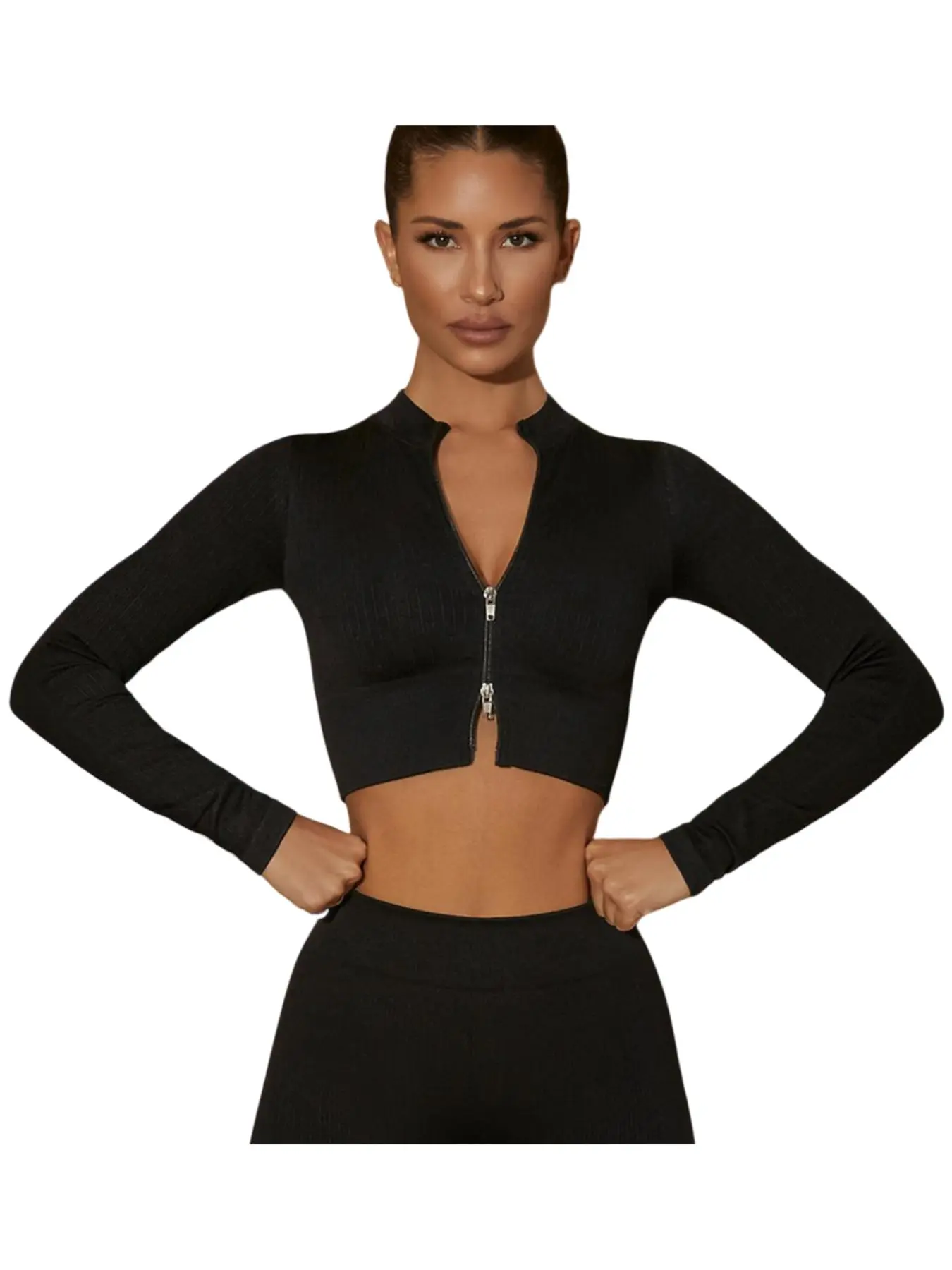 Women's Solid Zip Up Thumb Hole Design Crop Sports Tee, Casual Comfy Breathable Long Sleeve Round Neck Top for Yoga Gym Workout Running, Ladies Sportswear for All Seasons