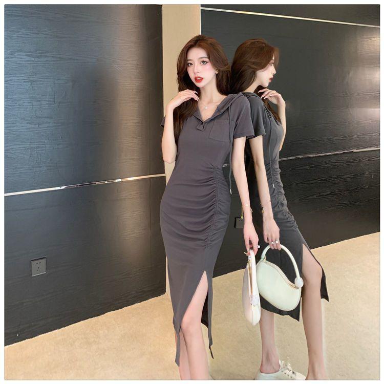 Product Introduction of Casual new style fashionable split mid length hooded skirt with women's summer temperament, waist cinched short sleeved drawstring dress 3