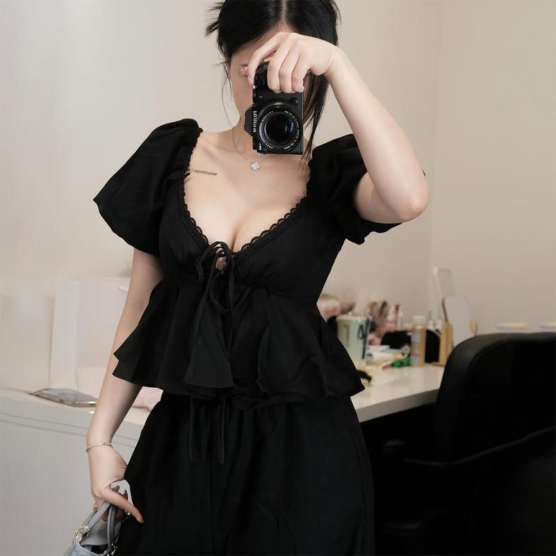 Áo Croptop Cổ V Tay Bồng Phối Ren DaaLaa Store Kiểu Dáng Basic A51413