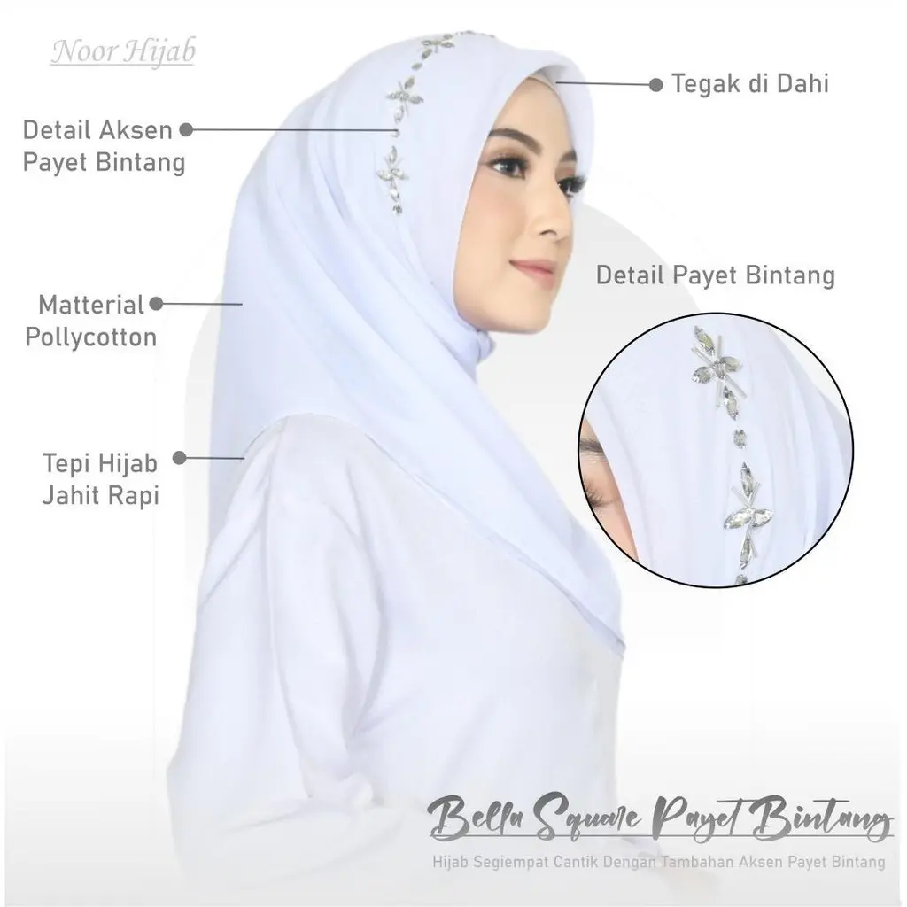 Jilbab Segiempat payet motif bintang// Bella Square pearly motif bintang JAHIT TEPI Polycotton premium