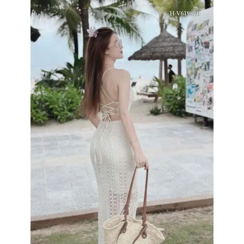 sét đồ đi biển nữ áo hai dây kèm chân váy dài (có lót) chất len ren thoáng mát 2